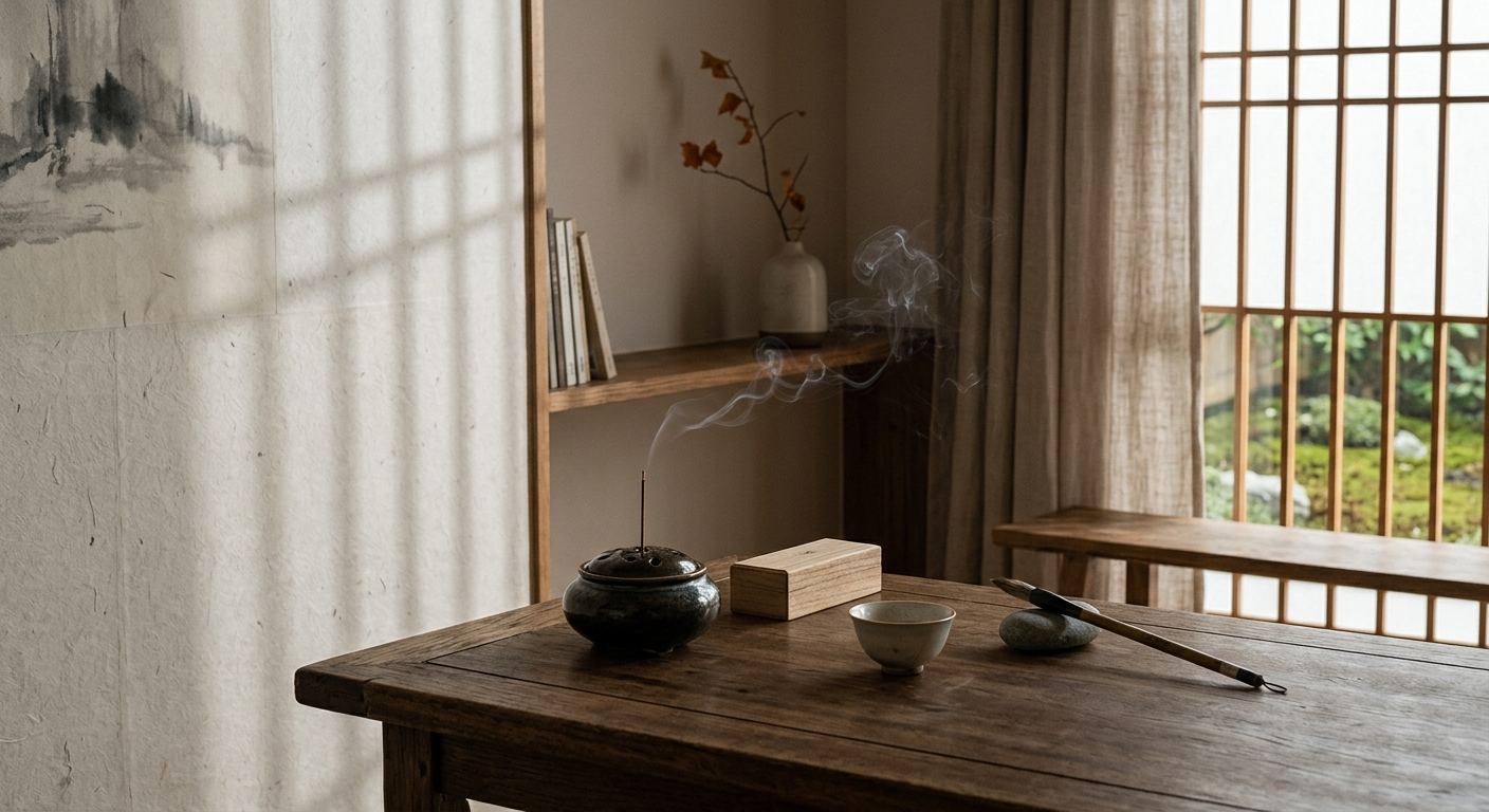 带有器物、窗影与木质陈设的静雅空间，用于展示松香小筑的空间香氛方案场景